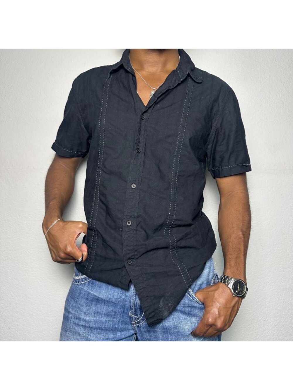Y2K Guess Indie Men L Button Up Casual Shirt Black Goth Party Streetwear Dress